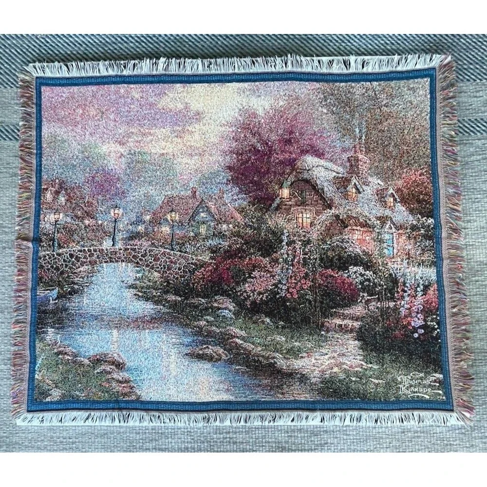 Thomas Kinkade “Lamplight Bridge” Woven Tapestry Blanket - Cozy CottageCore